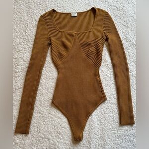 Abercrombie & Fitch Women Long Sleeve Bodysuit Square Neck Ribbed Brown/Yellow S